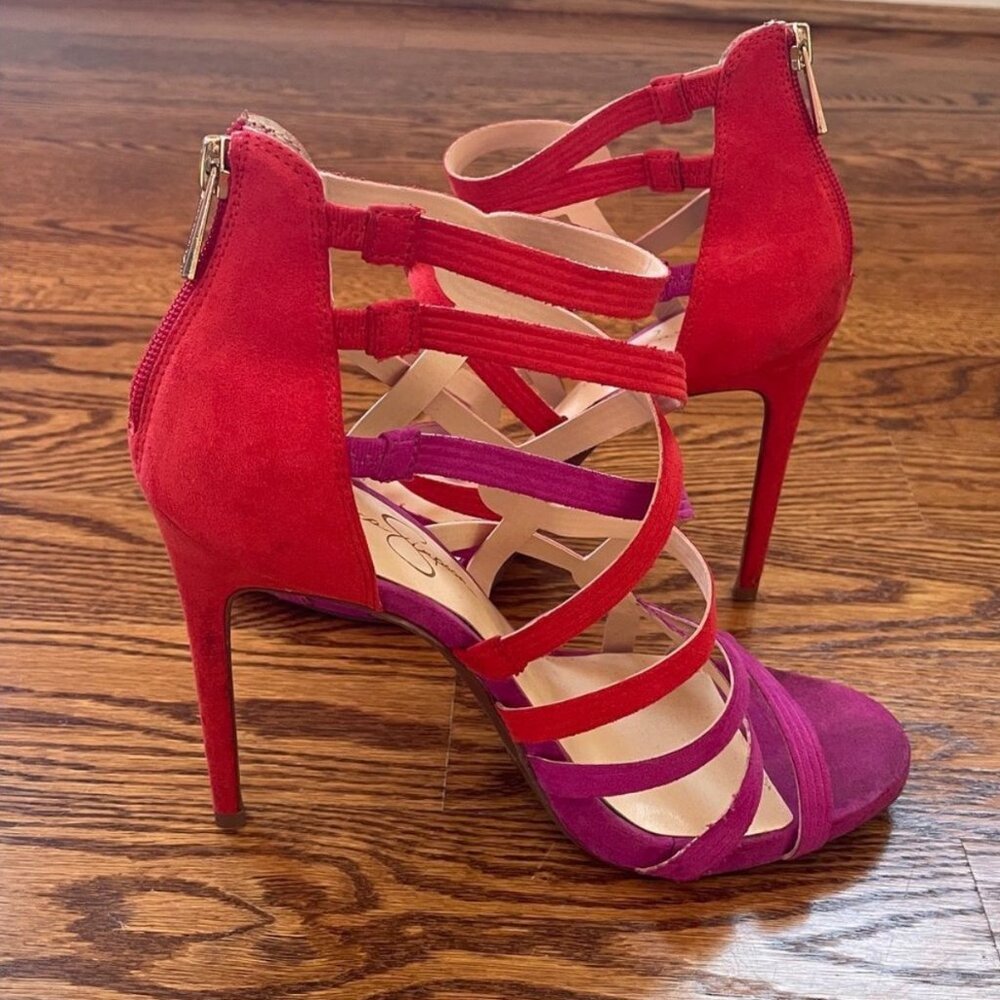 Jessica Simpson Strappy Rainah Red and Purple Faux Suede Heels Size 9.5 - Picture 6 of 11